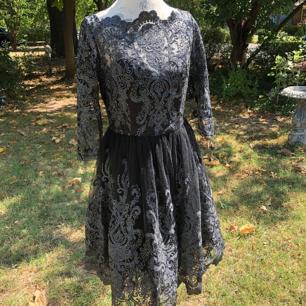 Chi Chi London Black Silver Dress Size 8 or 10 Lace Embroidered